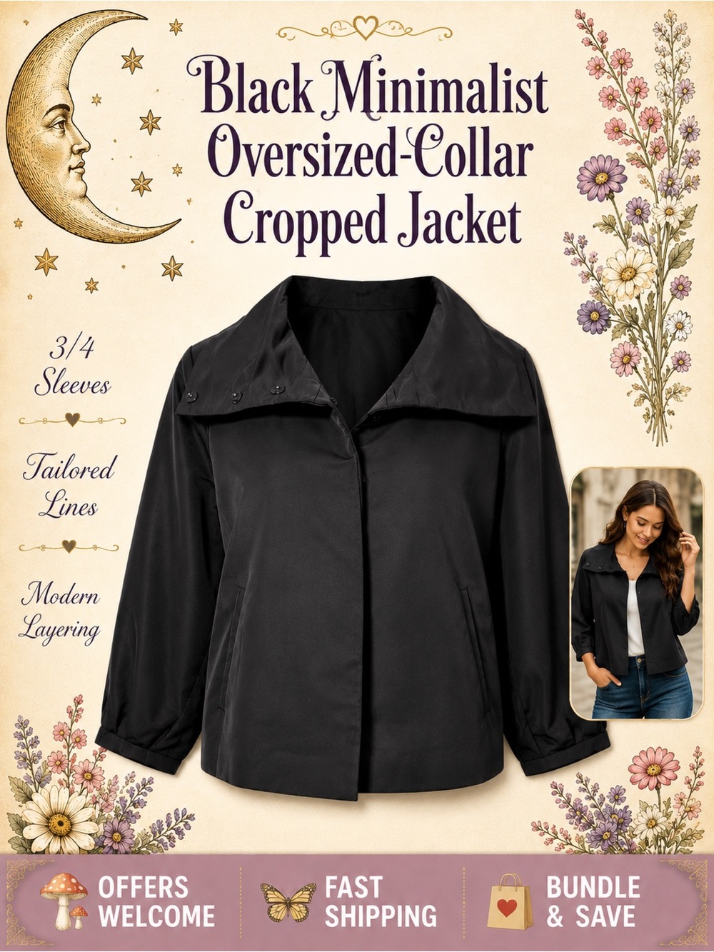 Rafaella Black Jacket Oversized Collar 3/4 Sleeves Side Pockets Small